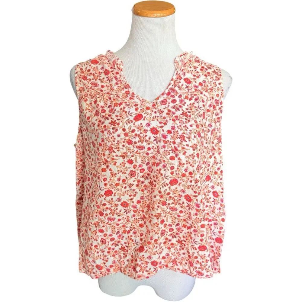Womens Gap Sleeveless Zen Ruffle Neck Floral Print V Neck Top Blouse - Sz L
